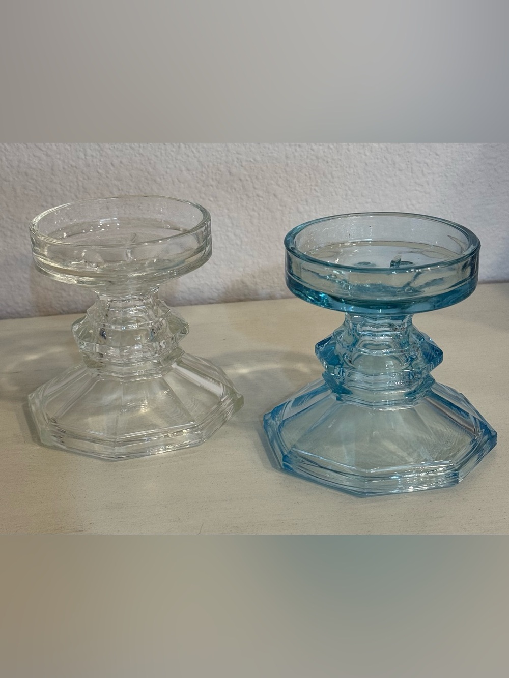 Vintage Blue and Clear Depression Glass double-ended pedestal candlestick holde